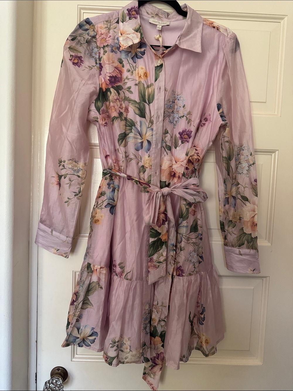 Lilac Floral Button-Front Tie-Waist Shirt Dress